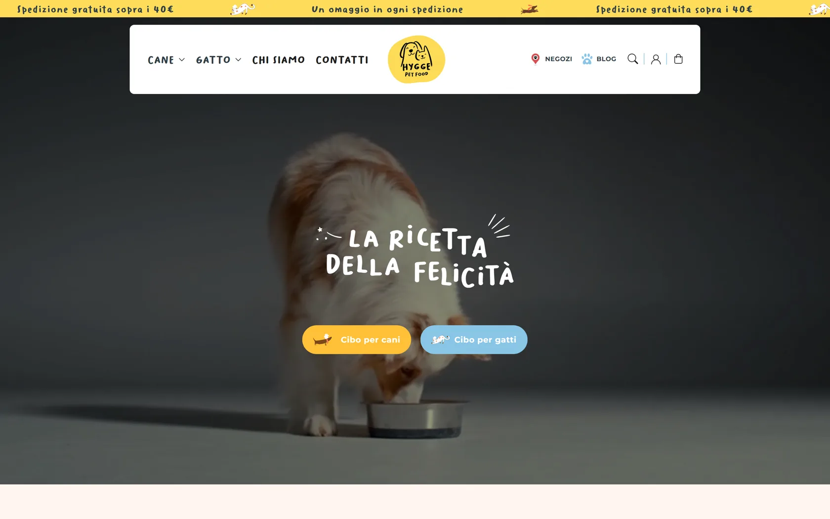 Homepage dell’e-commerce Hygge Pet Food